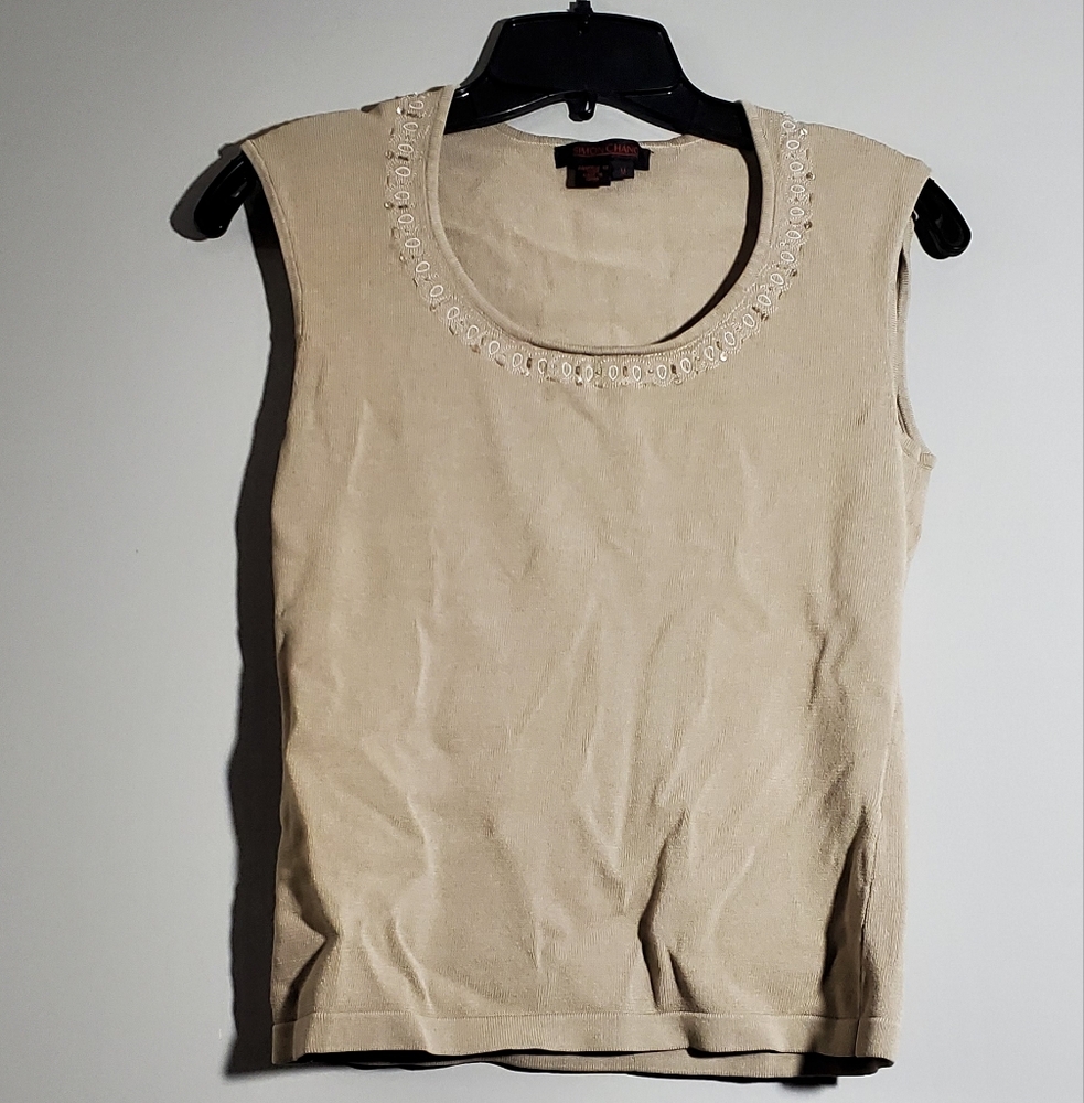 Medium Simon Chang Cream Olive Crew Neck Sleeveless Tank Top Beaded Details
